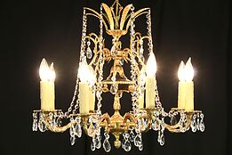 Regency Gold Plated 8 Candle Vintage Chandelier, European Cut Prisms
