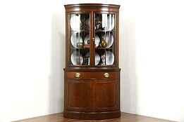 Drexel Travis Court Signed Vintage Mahogany Corner Cabinet, Curved Glass