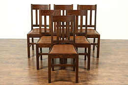 Set of 6 Arts & Crafts Mission Oak Antique Craftsman Dining Chairs Leather Seats