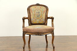 French Antique Carved Fruitwood Chair, Old Needlepoint & Petit Point #31855