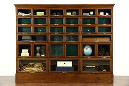 Warren Signed Oak Antique 1900 Store Display Cabinet, 32 Glass Front Drawers