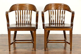Pair 1920 Antique Curved Back Birch Banker, Office or Library Chairs