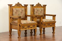 Pair of Oak 1900 Antique Throne or Hall Chairs, New Upholstery