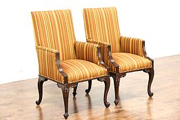 Pair Traditional 1930's Vintage Carved Mahogany Chairs, New Stripe Upholstery