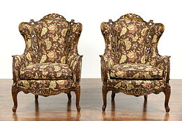 Pair Carved Lovebird & Angel 1940's Vintage Wing Chairs, New Upholstery