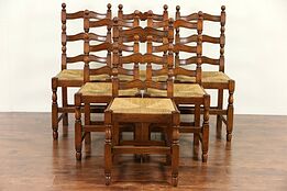 Set of 6 Scandinavian Country 1920's Antique Oak Dining Chairs, Rush Seats