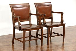 Pair Walnut & Leather Antique Library or Office Chairs, Signed Marble of Ohio