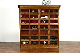 Oak Antique File Cabinet, 28 Glass Front Display Drawers Signed Warren, Chicago