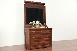 Victorian Eastlake Antique Walnut Linen Chest or Dresser, Marble & Mirror #26061