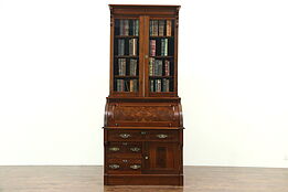 Victorian Eastlake Antique Cylinder Roll Top Secretary Desk & Bookcase