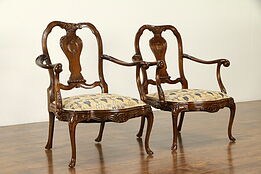 Pair of French Carved Antique Beech Chairs, Upholstered Seats #31767