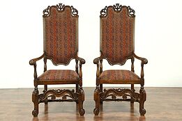 Pair of Antique Carved Walnut Throne, Host or Hall Chairs, Scandinavia #28875