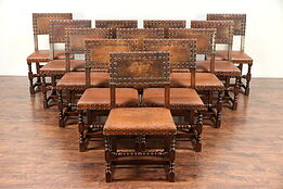 Set of 12 Oak Antique English Dining Chairs, Leather, Waring & Gillows #29822