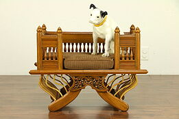 Carved Teak Indian Dog or Cat Pet Bed, New Upholstered Cushion #30067