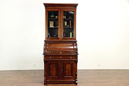 Victorian Antique Walnut Cylinder Roll Top Secretary Desk & Bookcase #30091