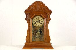 Waterbury Signed Victorian Antique 1890's Carved Oak Shelf Clock, Alarm