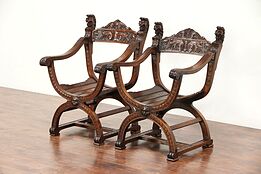 Oak 1890 Antique Pair of Italian Savonarola Chairs, Carved Lion Heads #29324