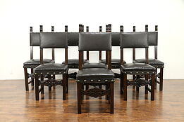Set of 8 Italian Antique 1890 Carved Walnut Dining Chairs, New Leather #31289