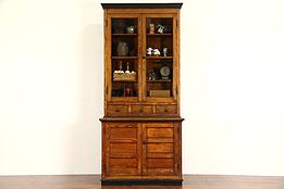 Country Pine 1890's Antique Pantry Cupboard Kitchen Cabinet, Wavy Glass Doors