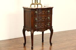 Marble Top 1920 Antique Carved Chest, Nightstand or End Table, Signed Belgium