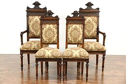 Set of 4 Antique Italian Game or Dining Chairs, Carved Heads, New Upholstery
