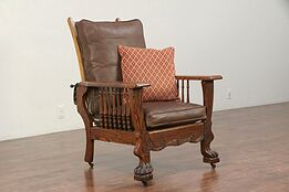 Oak Antique 1900 Morris Recliner Chair, Lion Paws, Leather Cushions #29908