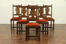 Set of 6  Antique Gothic Carved Oak Dining Chairs, New Upholstery #30537