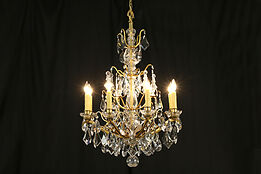 Brass Vintage 8 Candle Chandelier, Cut Crystal Prisms & Ball #31667