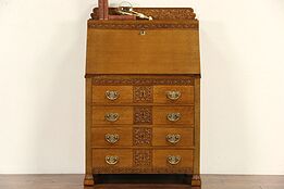 Oak 1890's Antique Carved Oak Secretary Desk, Original Brasses
