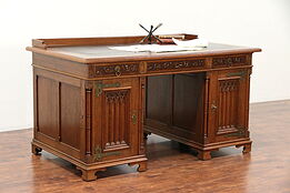 Oak Antique Victorian Gothic Scandinavian Library Desk, Leather Top #29661