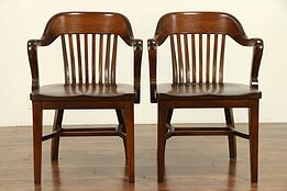 Pair of Walnut Antique Banker, Library or Office Chairs A #30411