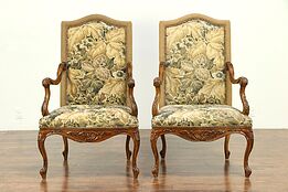 Pair of Vintage Traditional Tapestry Chairs, Carved Fruitwood  #30659