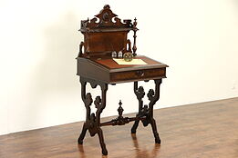 Victorian 1870's Antique Carved Walnut Secretary Desk, Leather Top