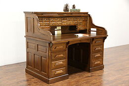 Raised Panel 1900 Antique Quarter Sawn Oak S Roll Top Desk, Signed Gunn