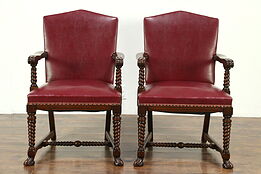 Pair of 1920's Antique Red Faux Leather Library or Office Chairs, Carved Walnut