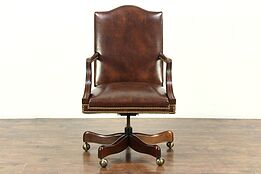 Leather & Mahogany Swivel Vintage Desk Chair, Signed Hickory