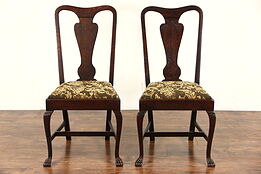Pair of Oak 1900 Antique Side Chairs, Paw Feet, New Upholstery