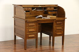 Solid Oak 1910 Antique C Shape Rolltop Desk, Pull Out Shelves