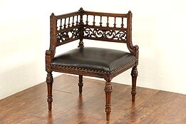 Italian Carved Walnut 1880 Antique Corner Chair, Leather Seat