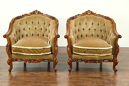 Pair Carved 1940 Vintage Mohair Tufted Chairs, Down Cushions, Scandinavia #28784