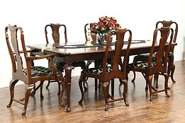 Carved Antique Walnut Dining Set, 11' Table & 6 Chairs, Signed Tobey #28821