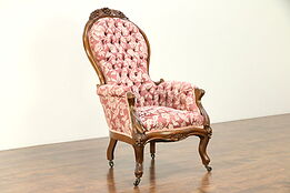 Victorian Antique 1860 Walnut Tufted Chair, Carved Grapes  #30451