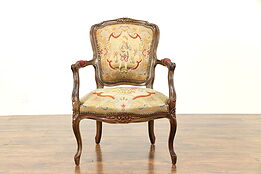 French 1920 Antique Carved Chair, Needlepoint & Petit Point Upholstery #31226