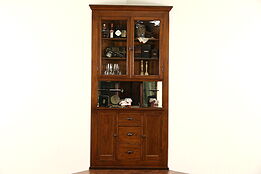 Oak Corner Cupboard, 1900 Antique Cabinet, Glass Doors & Mirrors