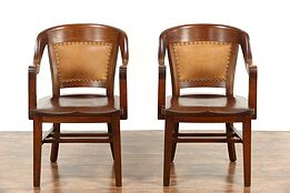Pair Antique Banker Library or Office Chairs, Leather, Signed Northwestern