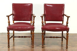 Pair of Carved Antique Walnut Office or Library Chairs, Burgundy Faux Leather