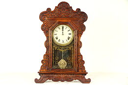 Victorian 1900 Antique Press Carved Oak Shelf or Mantel Clock #29412