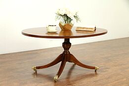 Oval Banded Mahogany Vintage Coffee Table, Brass Feet, Signed Kittinger #31084