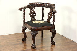 Victorian 1890 Antique Carved Corner Chair, Horsehair & Crewel Upholstery