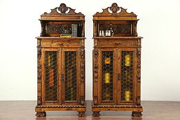 SINGLE Hand Carved Pine Antique Cabinet, Stained Glass, Italy #28990